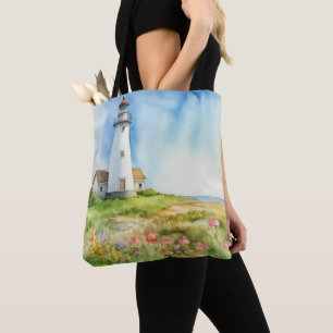 TOTE BAG EAU PASTEL PHARE D'ÉTÉ SUR LA PLAGE
