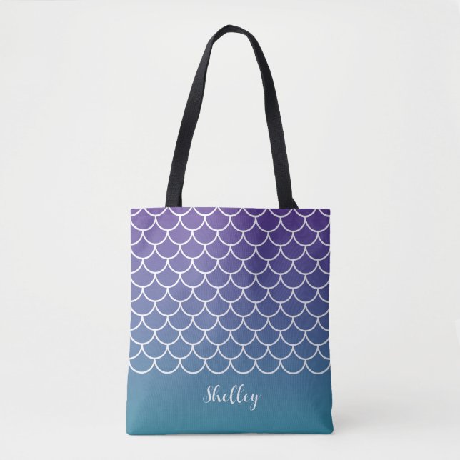 Tote Bag Échelle de poisson de sirène Turquoise violette (Devant)