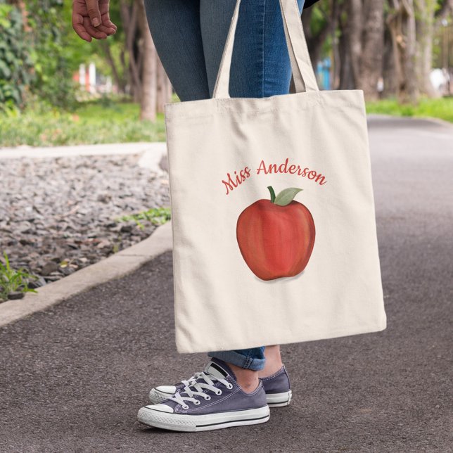 Tote Bag École enseignant Apple classe (Personalized teacher tote bag with red apple illustration and custom teacher name design.)