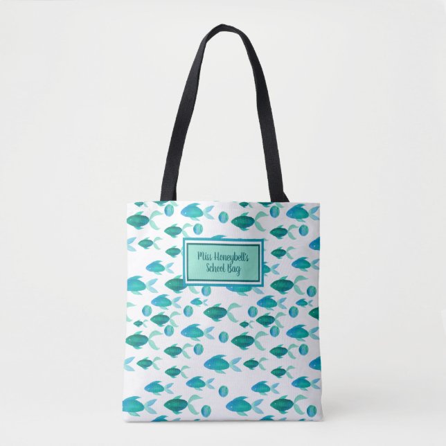 Tote Bag École Poisson Océan Bleu Vert Professeur Personnal (Devant)