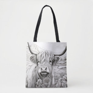 Tote Bag Écosse Highland Cow Nature paisible Prairie Art