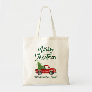 Tote Bag Écran de brosse verte Vintage Camion rouge Noël