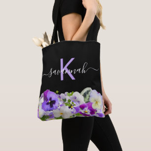 Tote Bag Écriture de floraux noir violet violet monogramme