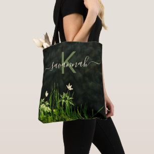 Tote Bag Écriture de nom monogramme fleur sauvage noir blan