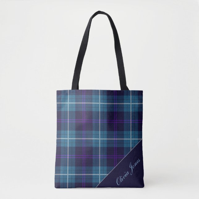 Tote Bag Écriture de nom personnalisée Plaid bleu élégant T (Devant)