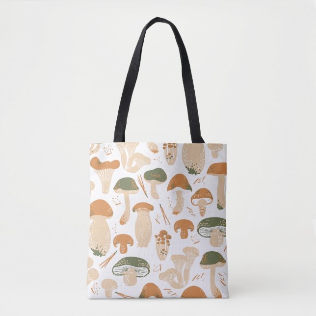 Tote Bag Edible Mushrooms seamless pattern. Linocut old sty (Devant)