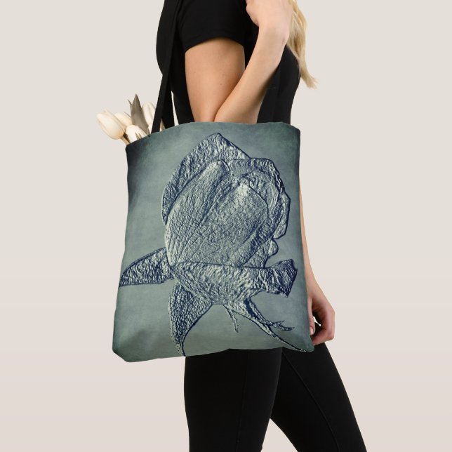 Tote Bag Effet sculpté Argent Rosebud Flower Art (De près)