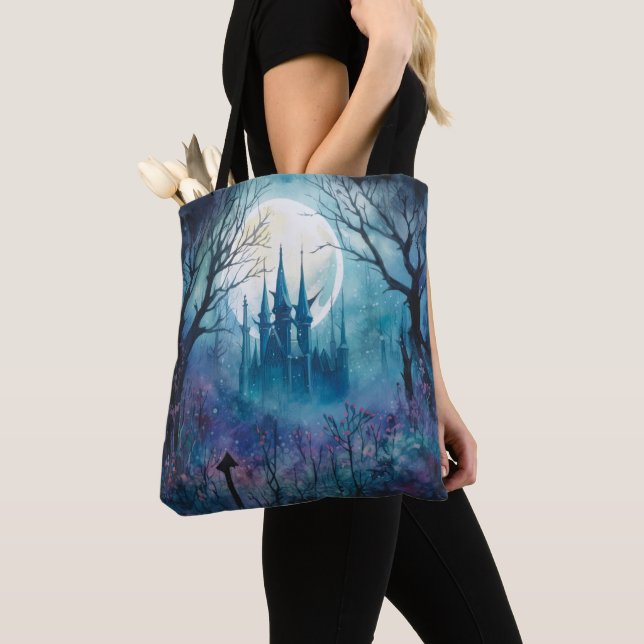 Tote Bag Éffrayant Haunted Castle Pleine lune Bleu Hallowee (De près)