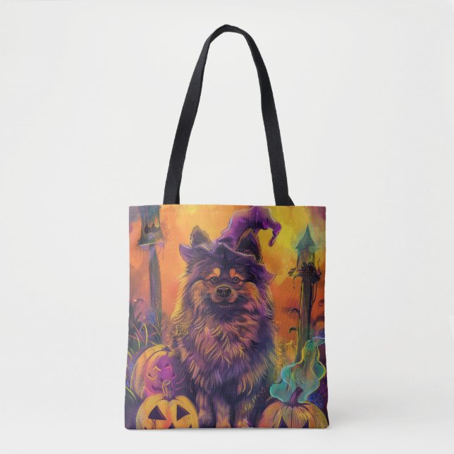Tote Bag Éffrayant Keeshond Chien Halloween sorcière et Cit (Devant)