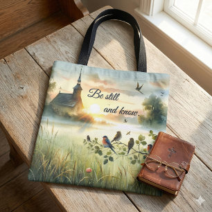 Tote Bag Église au lever du soleil avec oiseaux dans une pr