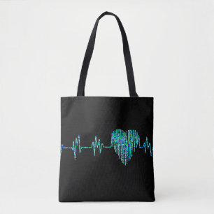 Tote Bag Ekg ligne coeur médical noir turquoise infirmière