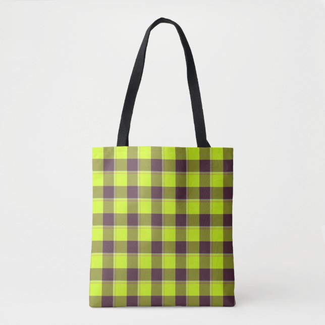 Tote Bag Electric Lime and Livid Brown Plaid (Devant)