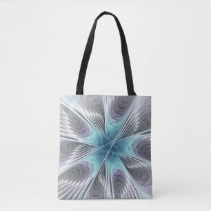 Tote Bag Élégance Moderne Art Fractal Fleur Bleu Gris Blanc