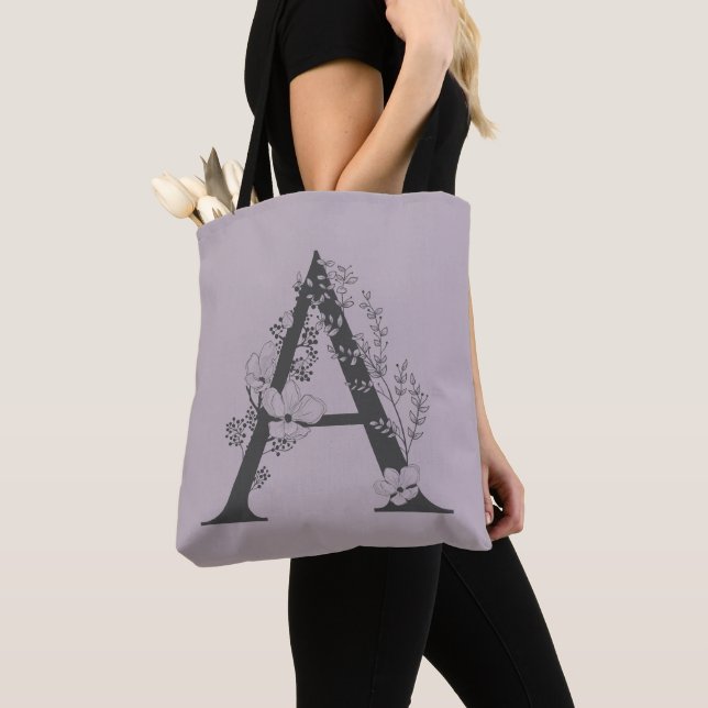 Tote Bag Élégant A Boho Floral Monogram Initial Lilac Gris (De près)