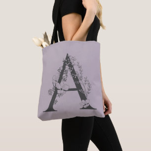 Tote Bag Élégant A Monogramme Floral Boho Initial Lilac Gri