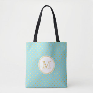 Tote Bag Elégant Aqua et Pois Or avec Monogramme