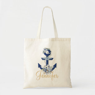 Tote Bag élégant aquarelle floral bleu marine nom or