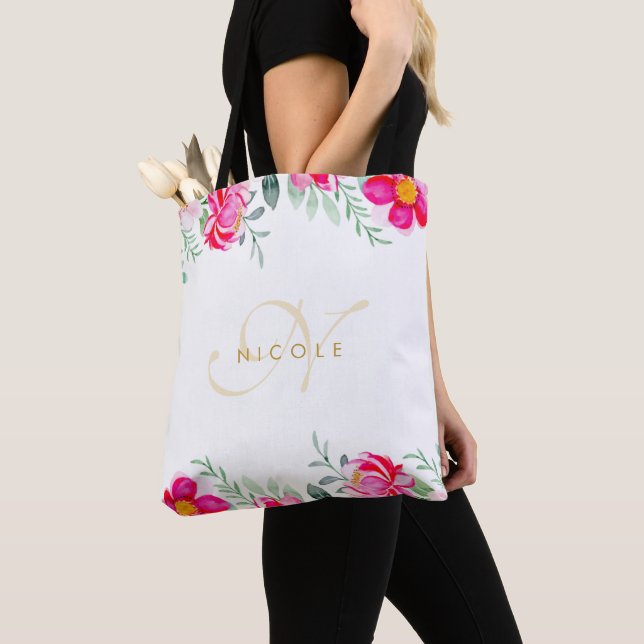Tote Bag Élégant Aquarelle rose Nom du monogramme floral (De près)