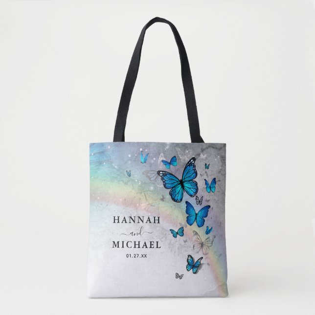 Tote Bag Elégant Argent Arc-en-ciel et Mariage Papillon ble (Devant)