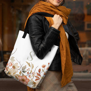 Tote Bag Elégant Automne Floral Aquarelle Monogramme Blanc