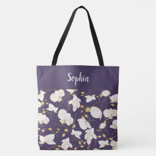 Tote Bag Élégant avec or et orchidées blanches chic violet