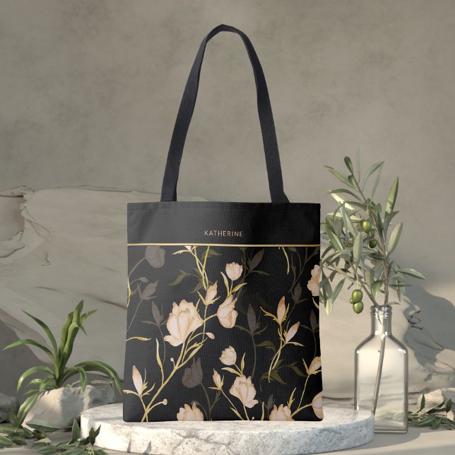 Tote Bag Elegant Black Floral Pattern Stylish Girly Trendy (Créateur téléchargé)