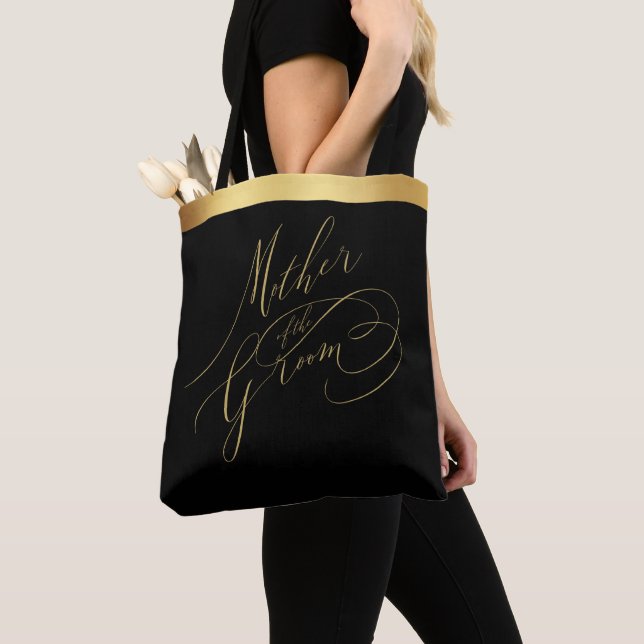 Tote Bag Elégant Black Gold Script Mère de la Groom Fourre- (De près)