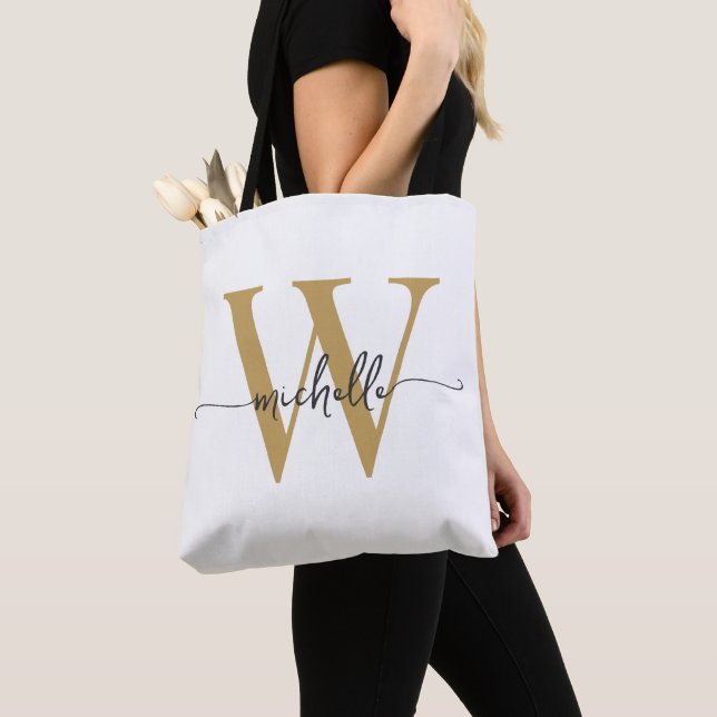 Tote Bag Elégant Blanc Gold Girly Personnalisé Monogramme (De près)