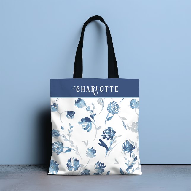 Tote Bag Élégant Bleu Botanique Floral Nom personnalisé (Créateur téléchargé)