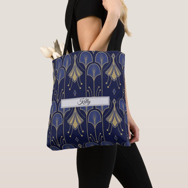 Tote Bag Élégant bleu et or Art déco (De près)