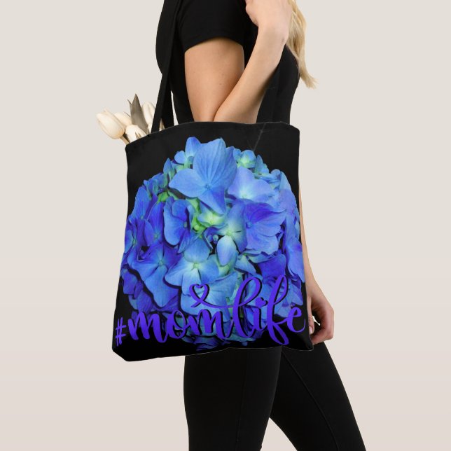 Tote Bag Elégant bleu floral bleu rose hydrangée bleue (De près)