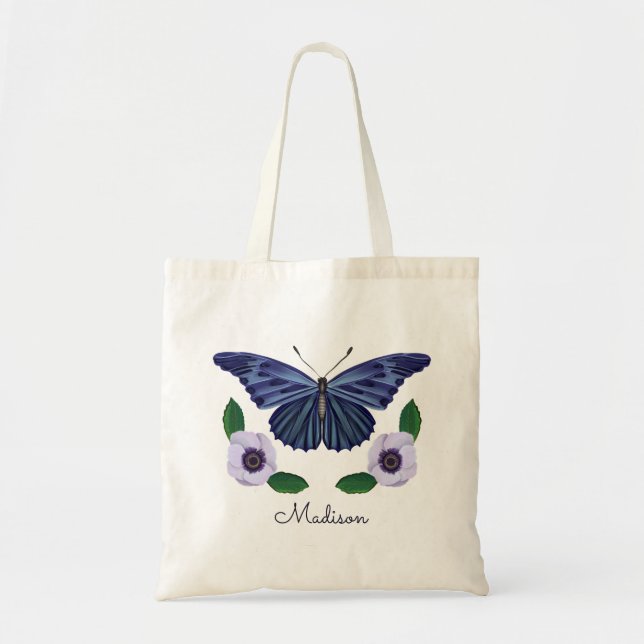 Tote Bag Élégant Bleu Papillon Floral Script personnalisé (Devant)
