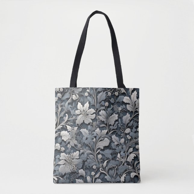 Tote Bag Elégant bleu poussiéreux argent blanc gris gris fl (Devant)