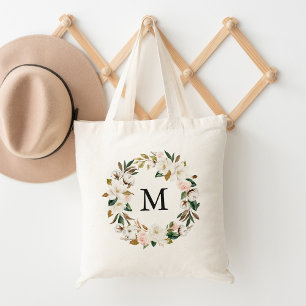 Tote Bag Élégant Blush Floral et Magnolias blanc Monogramme