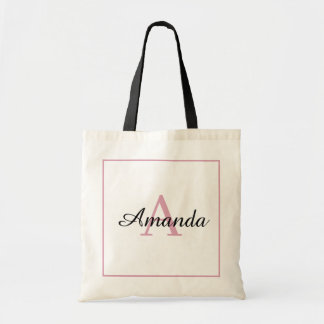 Tote Bag Élégant cadre rose Nom manuscrit Monogramme