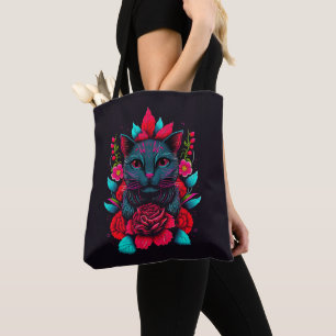 Tote Bag Élégant chat noir entouré de roses rouges  