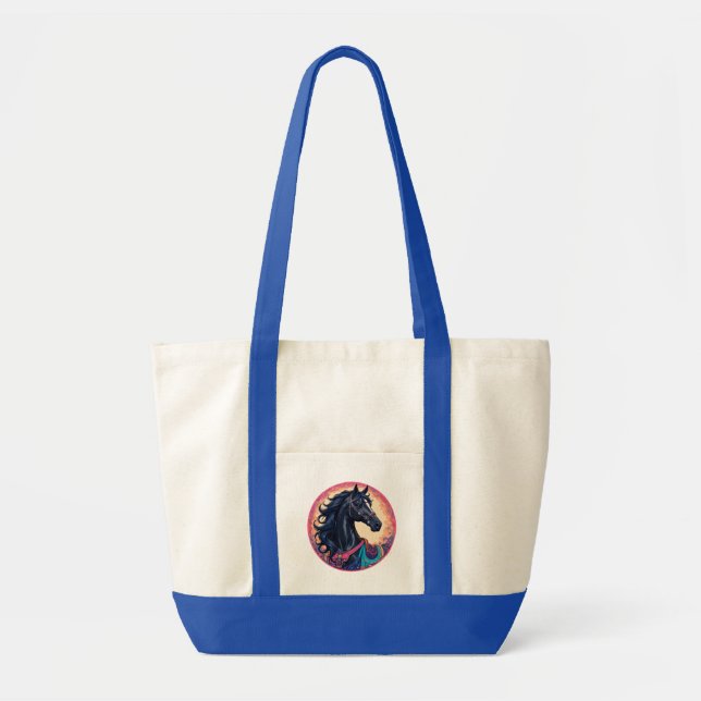 Tote Bag Élégant Cheval Noir Avec Arrière - plan Vibrant (Devant)