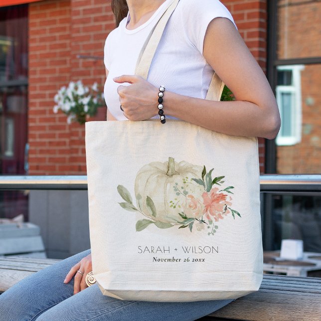 Tote Bag Élégant Citrouille blanc doux Mariage floral (Créateur téléchargé)