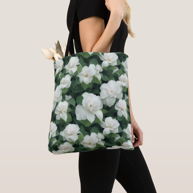 Tote Bag Élégant classique vert botanique blanc floral (De près)