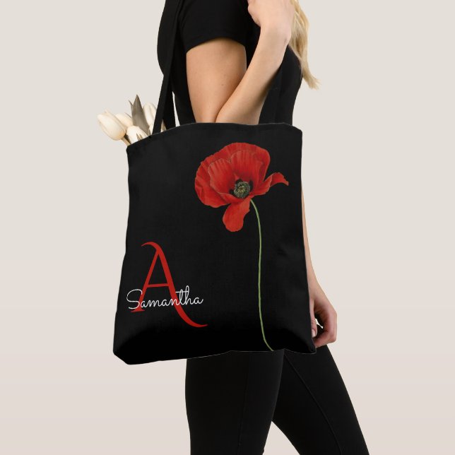 Tote Bag Élégant coquelicot rouge monogramme sur noir (De près)