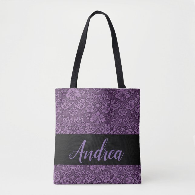 Tote Bag Élégant, damassé, bande noire, personnalisée (Devant)