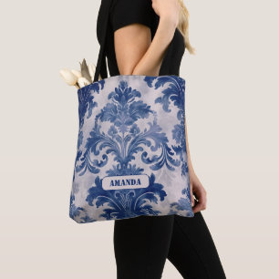 Tote Bag Élégant damassé Bleu toile de jouy monogramme