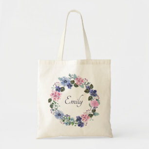 Tote Bag Élégant floral bleu Monogramme Nom Demoiselle d'ho