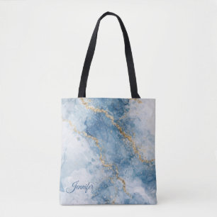 Tote Bag Élégant Flux Abstrait Paillettes Bleu Or