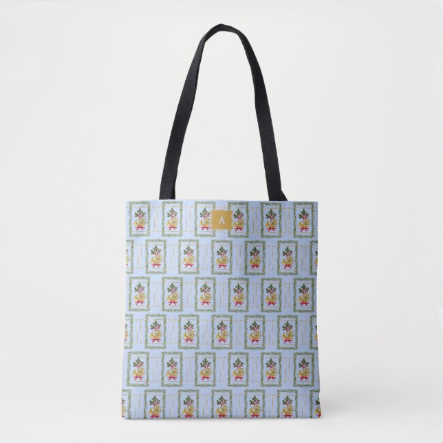 Tote Bag Elegant French Horn Christmas Light Blue Monogram (Devant)