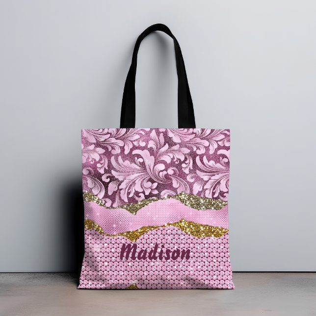 Tote Bag Élégant glitterie florale Monographie d'or rose vi (Créateur téléchargé)