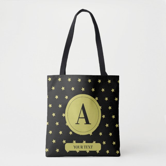 Tote Bag Elegant Gold & Black Star Pattern Monogram (Devant)