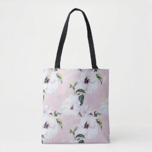 Tote Bag Elégant Hibiscus blanc sur Arrière - plan rose dou