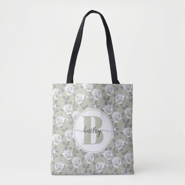 Tote Bag Elégant Jardin Rose Monogramme Sage Green (Devant)