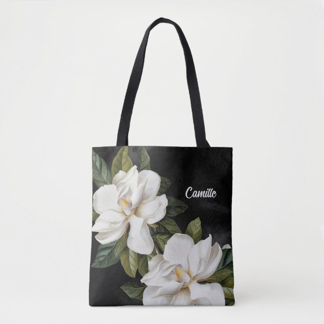 Tote Bag Elégant Magnolia Noir et Blanc Personnalisé (Devant)